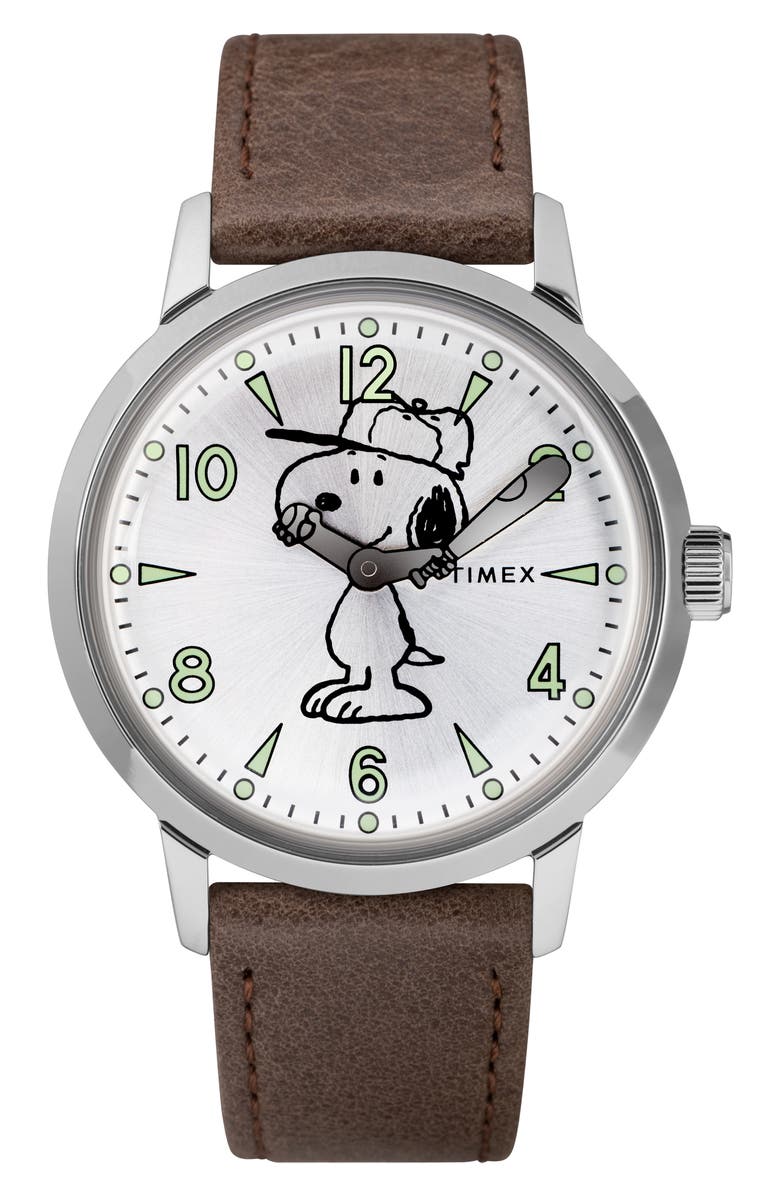 Timex<sup>®</sup> x Peanuts<sup>®</sup> Welton Vintage Snoopy Leather Strap Watch, 40mm, Main, color, 