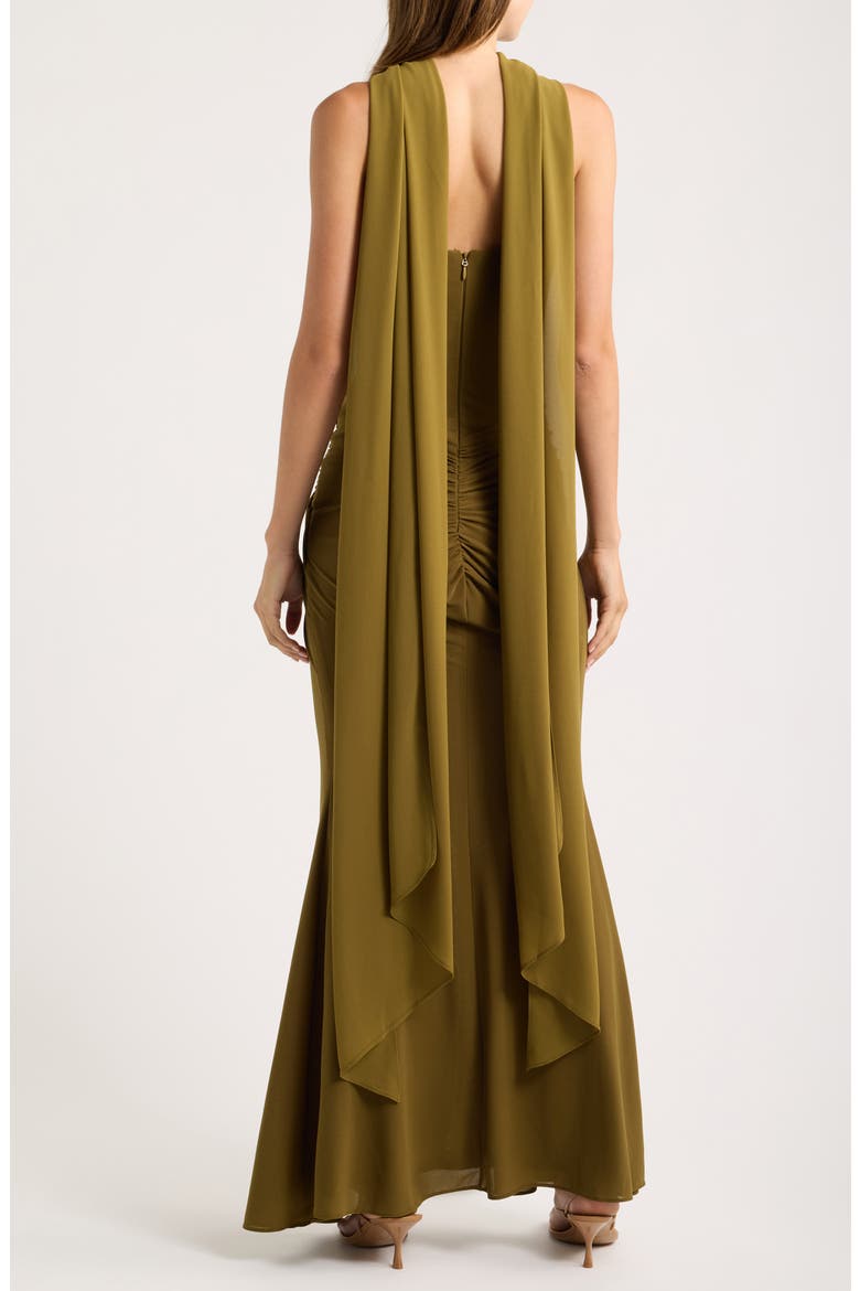 Portia Strapless Crepe Gown & Georgette Scarf Set, Alternate, color, OLIVE