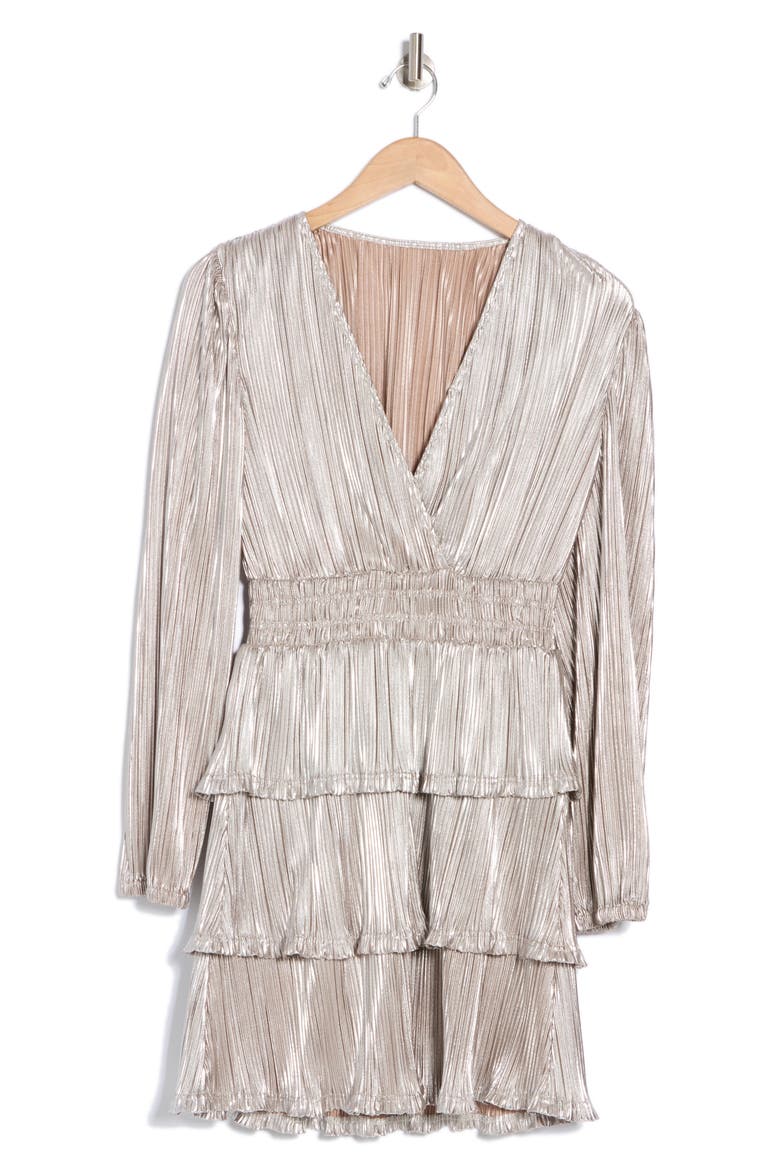 Metallic Long Sleeve Ruffle Plissé Dress, Alternate, color, WHITE GOLD