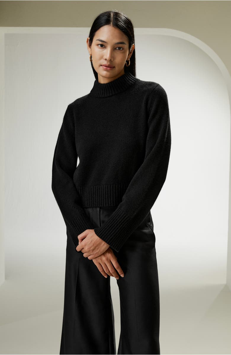 Lilysilk Ribbed Collar and Hemline Wool Cashmere Sweater, Alternate, color, Black