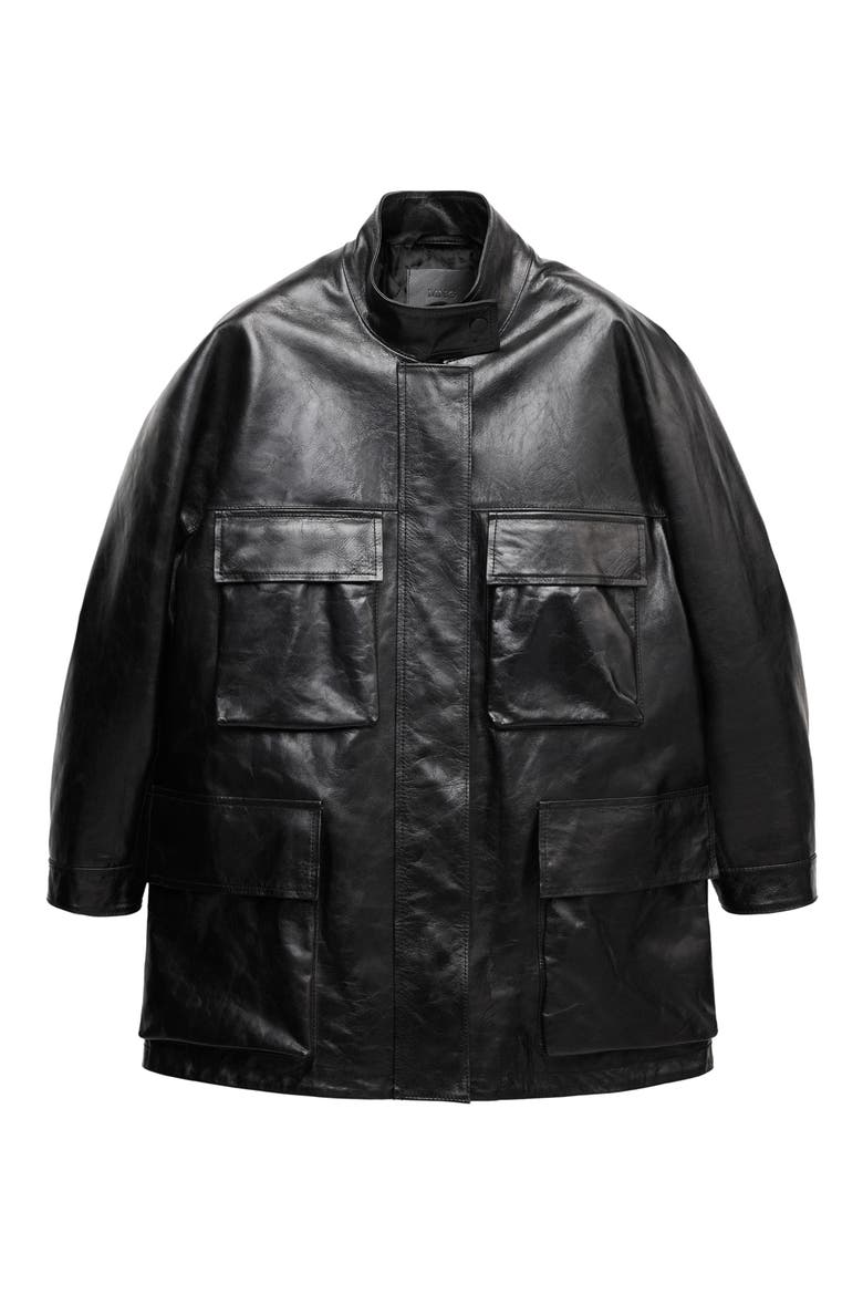Oversized Leather Parka, Main, color, BLACK
