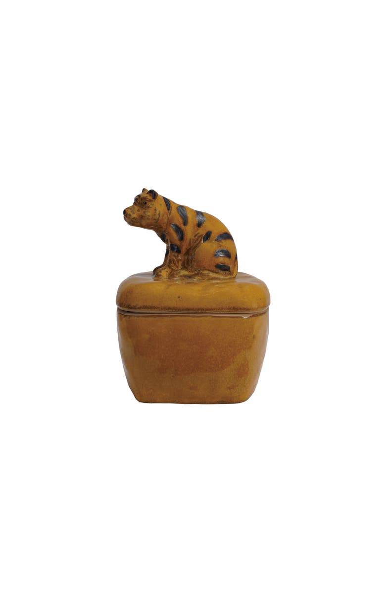 Storied Home Stoneware Jar with Tiger Handle and Lid with Reactive Glaze, Orange, Main, color, Orange