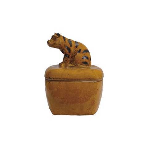 Stoneware Jar with Tiger Handle and Lid with Reactive Glaze, Orange