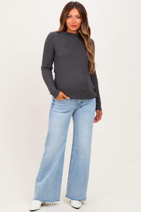 Low Rise Wide Leg Raw Cut Hem Maternity Jeans