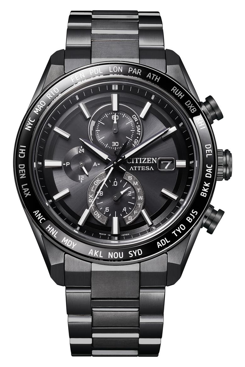 ATTESA Atomic Timekeeping Chronograph Super Titanium™ Bracelet Watch, 42mm, Main, color, GREY
