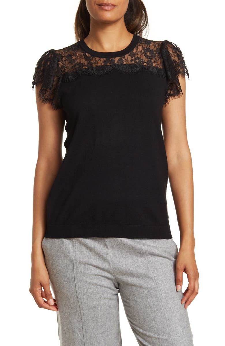 Adrianna Papell Lace Panel Mixed Media Short Sleeve Sweater, Main, color,