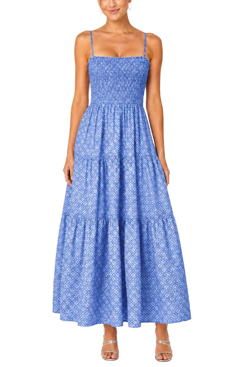 Kristen Smocked Tiered Midi Dress, Main, color, Meridien Breeze