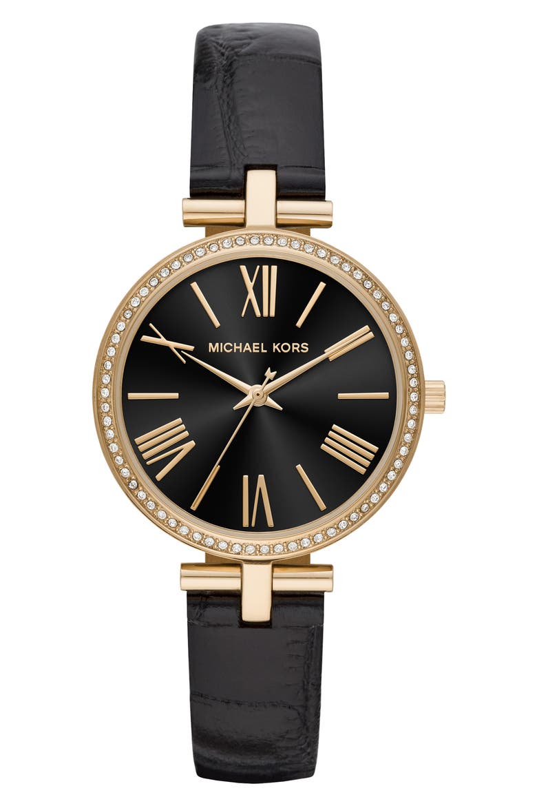 Maci Leather Strap Watch, 34mm, Main, color, BLACK/ MOP/ GOLD