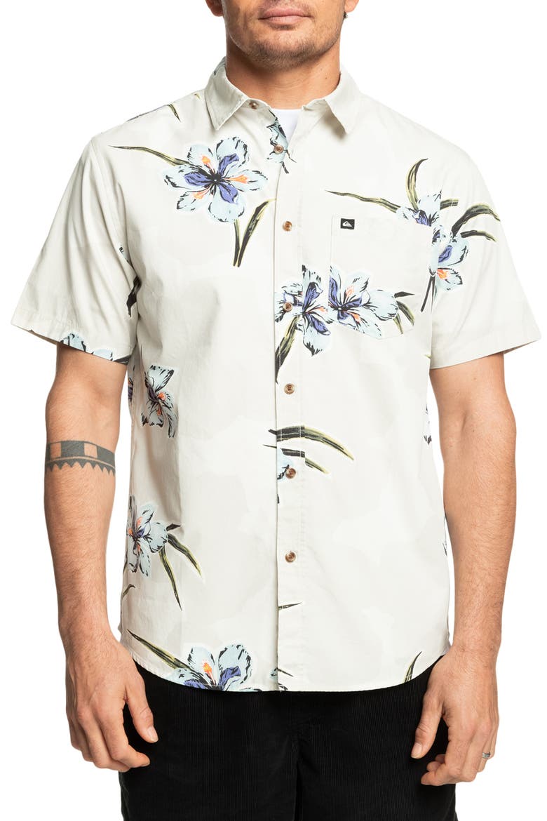 Apero Floral Short Sleeve Stretch Cotton Button-Up Shirt, Main, color, SILVER BIRCH PRINT