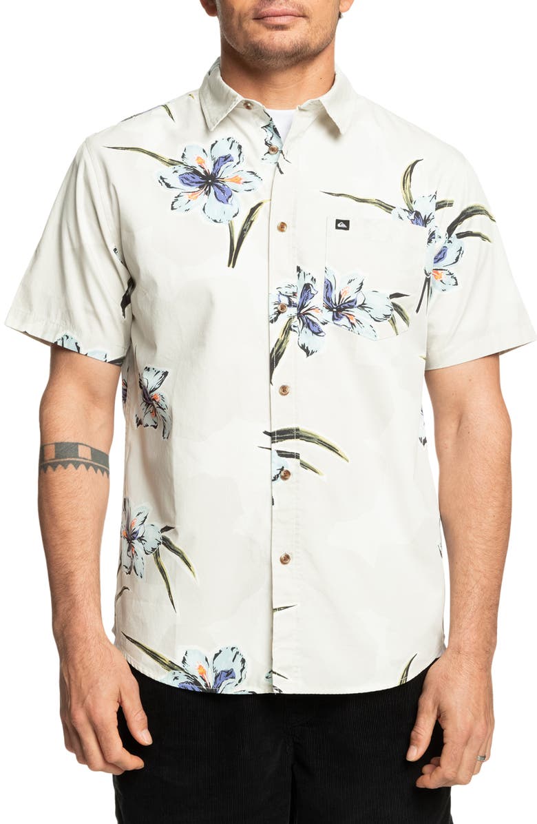 Quiksilver Apero Floral Short Sleeve Stretch Cotton Button-Up Shirt, Main, color, Silver Birch Print
