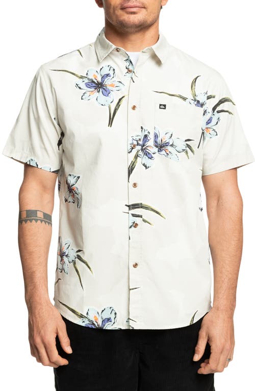 Quiksilver Apero Floral Short Sleeve Stretch Cotton Button-up Shirt In Silver Birch Print