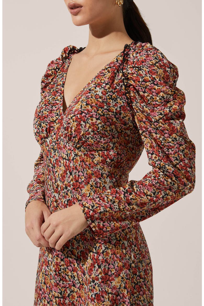 Floral Ruched Long Sleeve Midi Dress, Alternate, color, BLACK-RED MULTI FLORAL