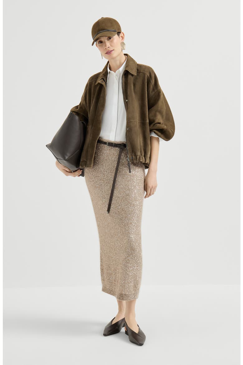 Mohair and wool dazzling texture knit skirt with monili, Alternate, color, Light Brown