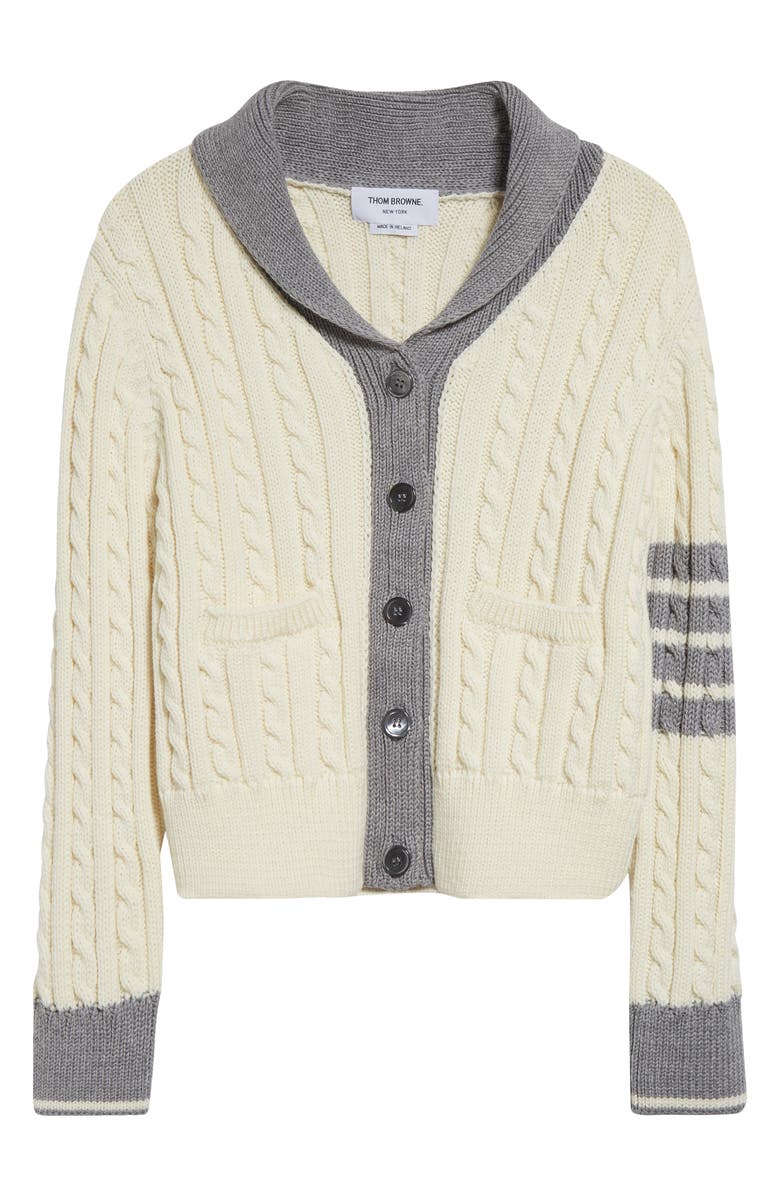 Thom Browne 4-Bar Cable Knit Virgin Wool Shawl Cardigan, Main, color,
