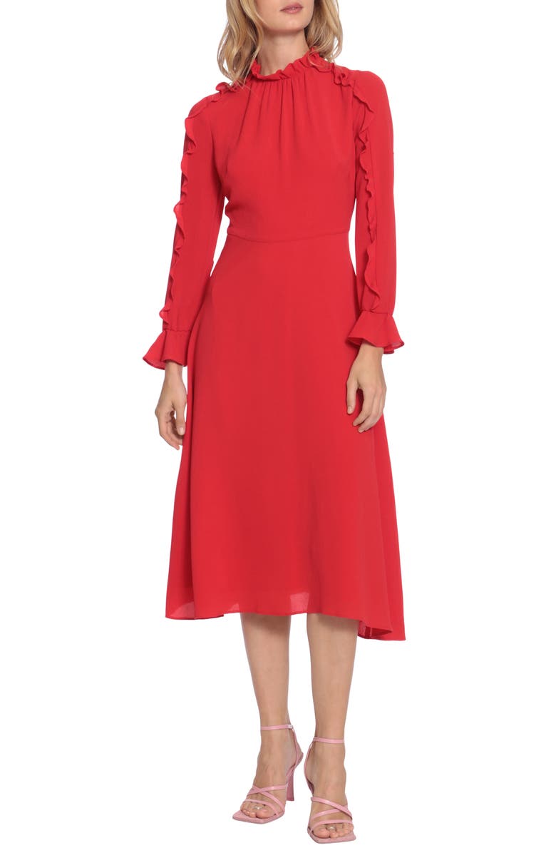 DONNA MORGAN FOR MAGGY Ruffle Long Sleeve A-Line Midi Dress, Main, color,
