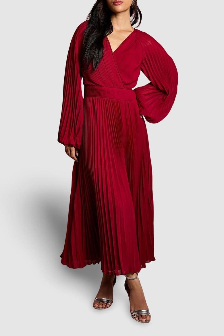 Long Sleeve Chiffon Wrap Midi Dress, Alternate, color, Berry