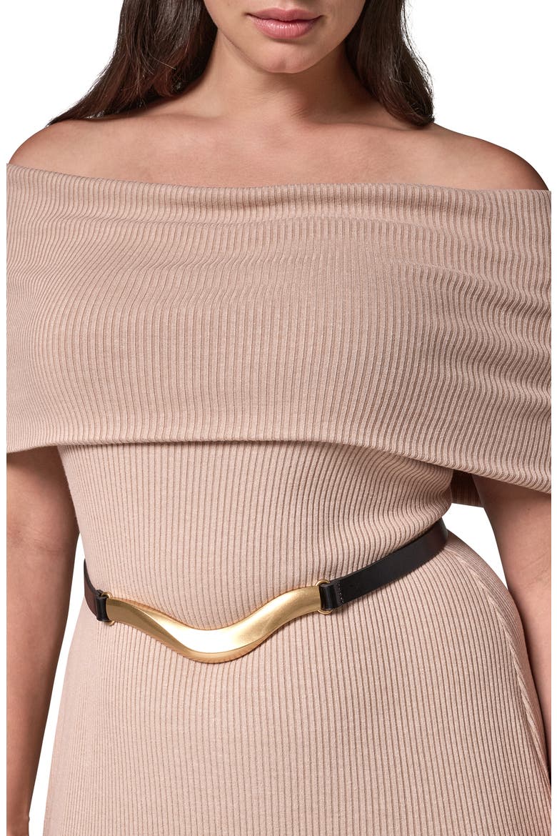 Off the Shoulder Belted Knit Dress, Alternate, color, CAMEL