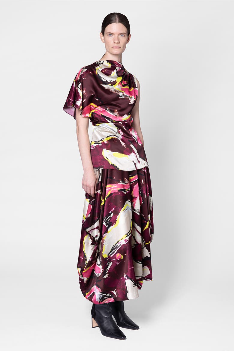 Nomi Satin Draped One-Shoulder Top, Alternate, color, Brush Burgundy