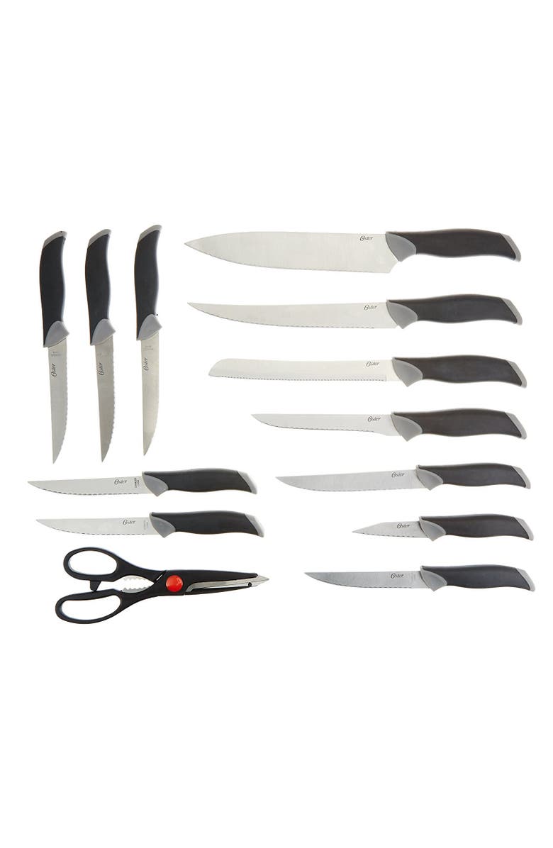 OSTER Lingbergh 14 Piece Stainless Steel Cutlery Knife Set with Pine Wood Block, Alternate, color, Black