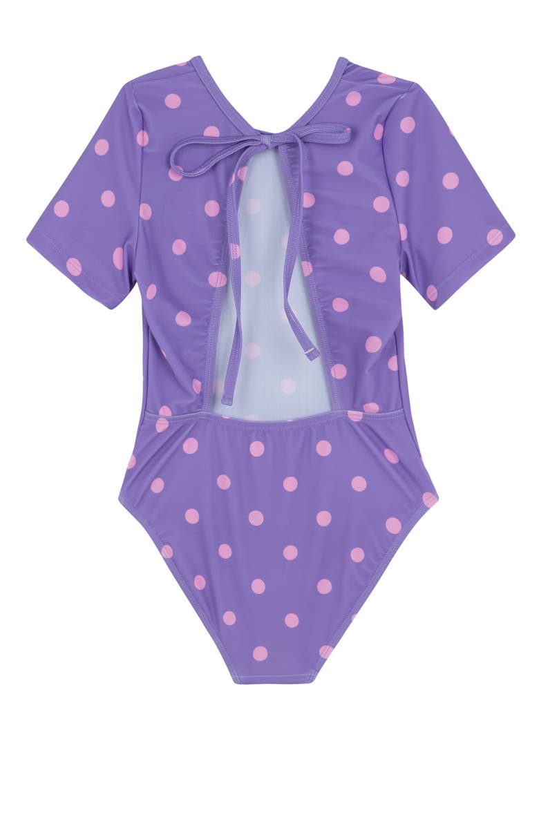 Gottex Kids Dot Dot Dot Short Sleeve Open Tie Back One Piece, Alternate, color, Purple