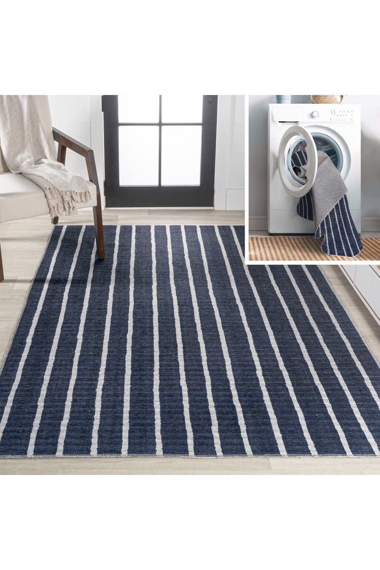 Rand Distressed Ticking Stripe Machine-Washable Area  Rug, Alternate, color, Navy/Gray