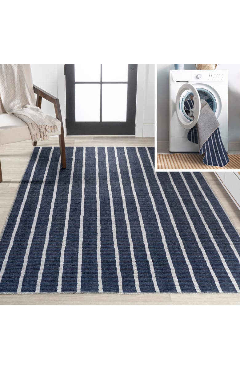 JONATHAN Y Rand Distressed Ticking Stripe Machine-Washable Area Rug, Alternate, color, Navy/Gray