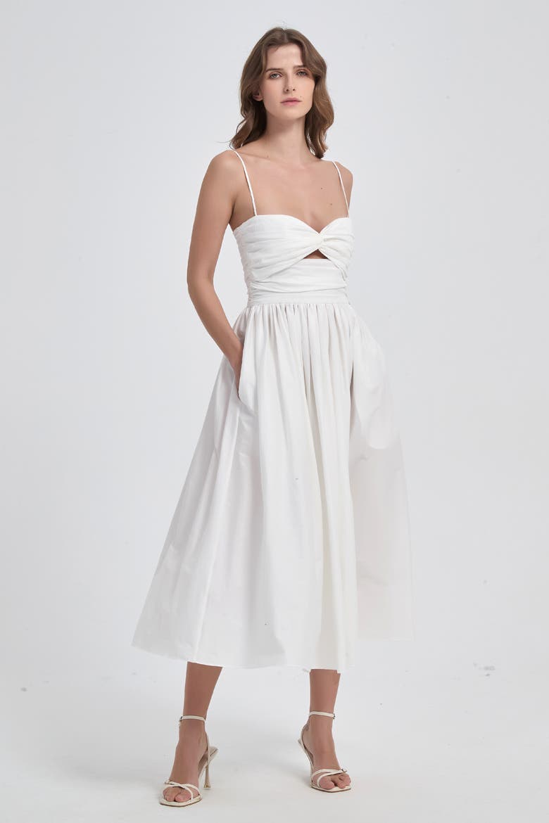 Reverie Twist Front Ruched Cotton Midi Dress, Main, color, White