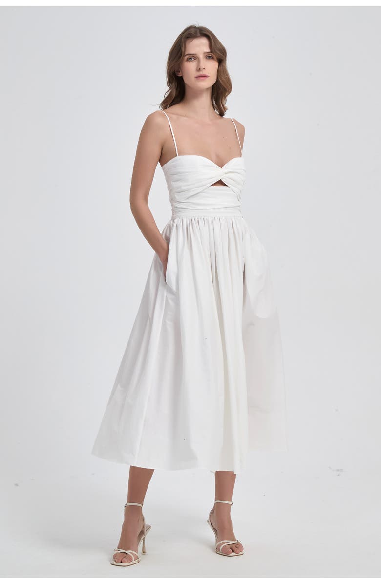 nuaje nuaje Reverie Twist Front Ruched Cotton Midi Dress, Main, color, White