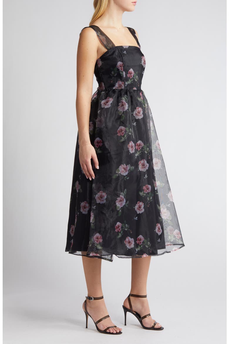 Floral Midi Dress, Alternate, color, BLACK/ PINK/ GREEN