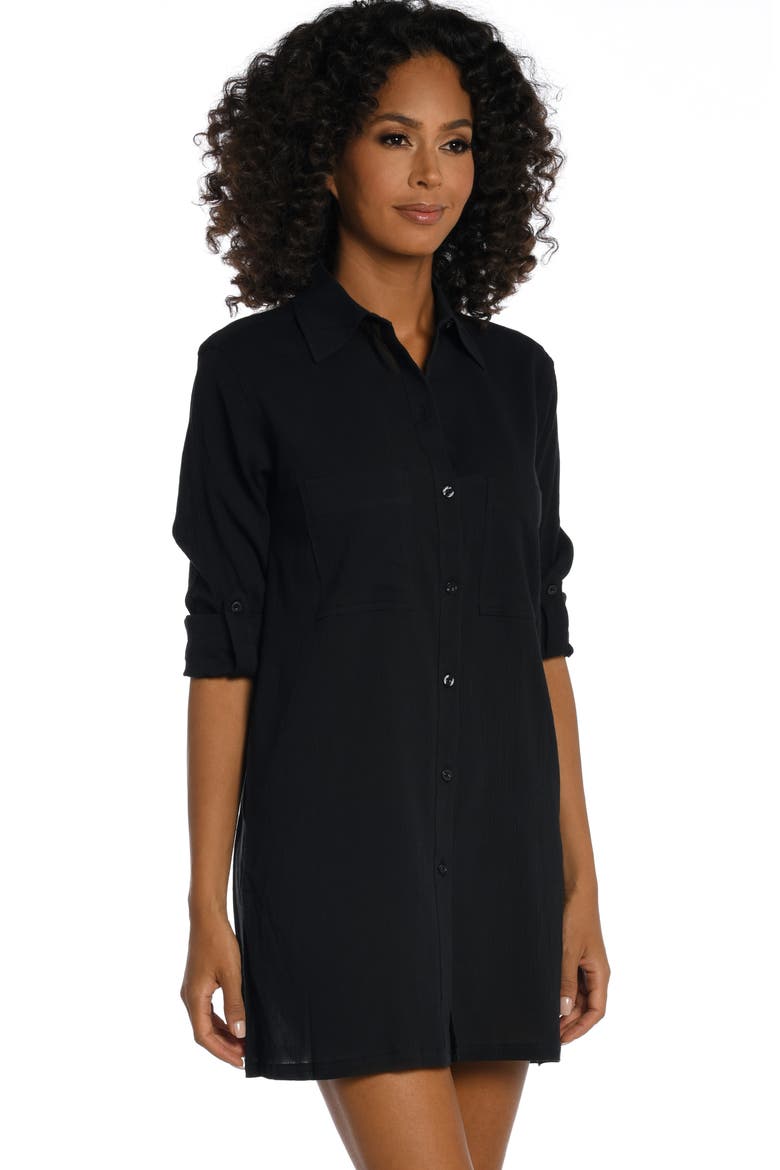 Island Fare Resort Long Sleeve Crinkled Cover-Up Shirtdress, Alternate, color, BLACK
