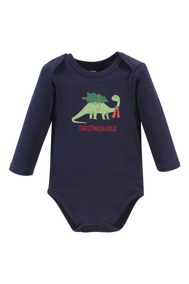 Everyday Long-Sleeve Cotton All-in-Ones, Alternate, color, Christmasaurus