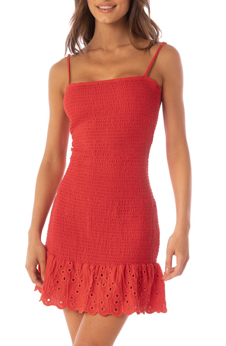 Maaji Scarlet Flex Zephyra Smocked Cover-Up Mini Sundress, Alternate, color, Red