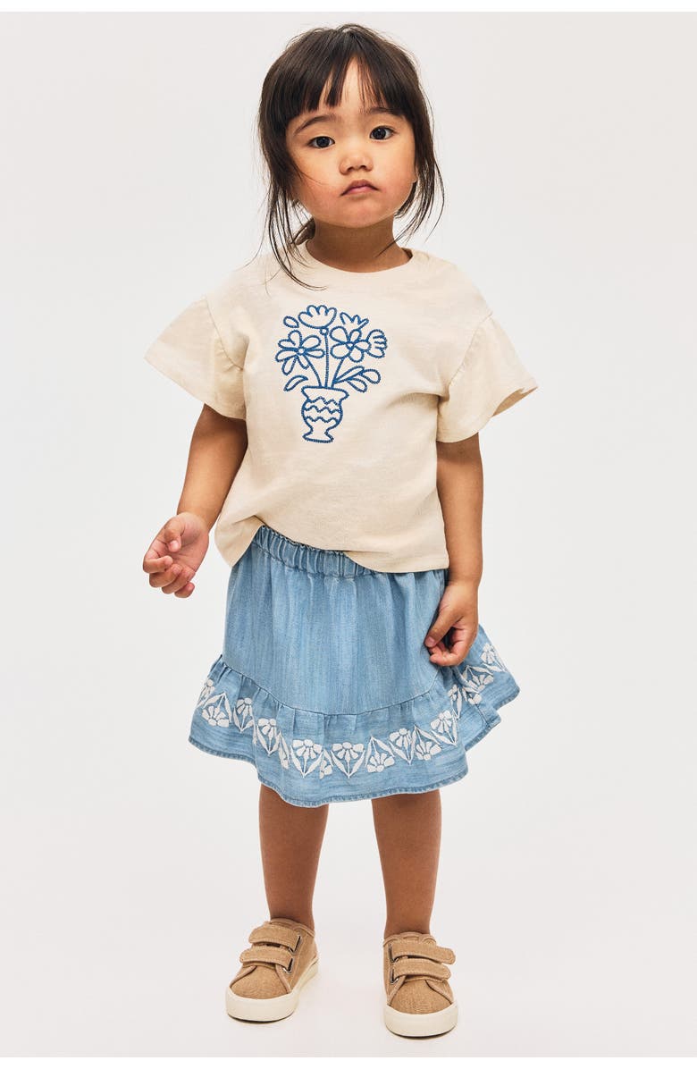 H&M Embroidery-detail Denim Skirt, Alternate, color, Blue/White Flowers