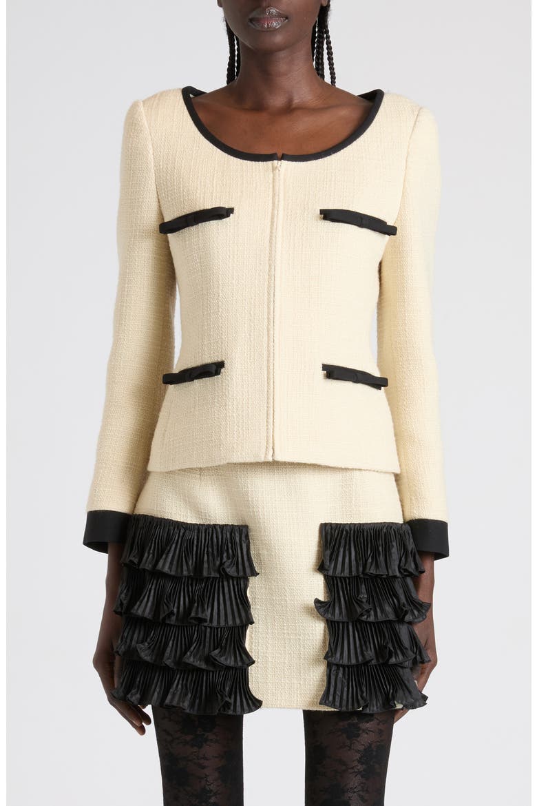 Bow Detail Virgin Wool Blend Tweed Jacket, Main, color, BEIGE/ BLACK