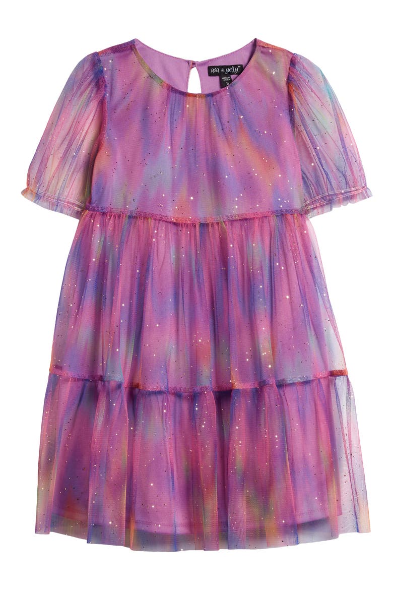 Kids' Rainbow Sparkle Tulle Overlay Tiered Party Dress, Main, color, ORCHID MULTI