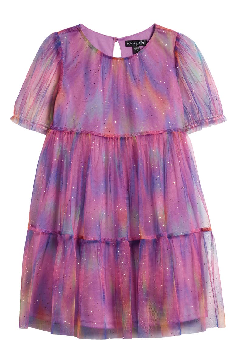 Ava & Yelly Kids' Rainbow Sparkle Tulle Overlay Tiered Party Dress, Main, color, 