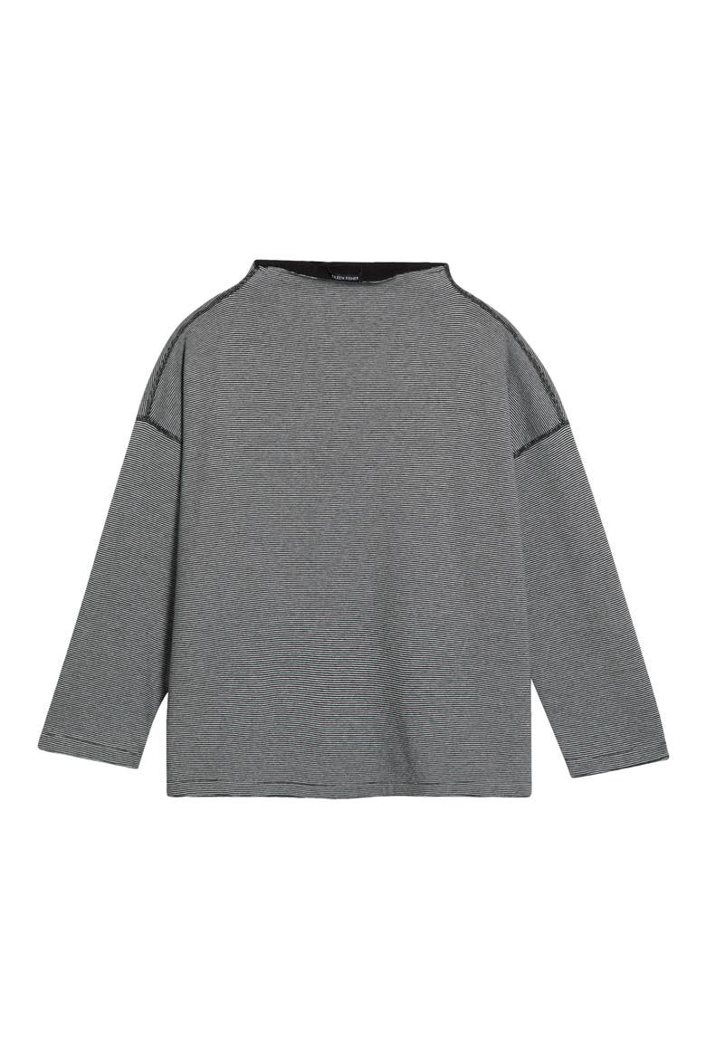 Organic Cotton Striped Funnel Neck Box Top, Main, color, BLACK/IVORY