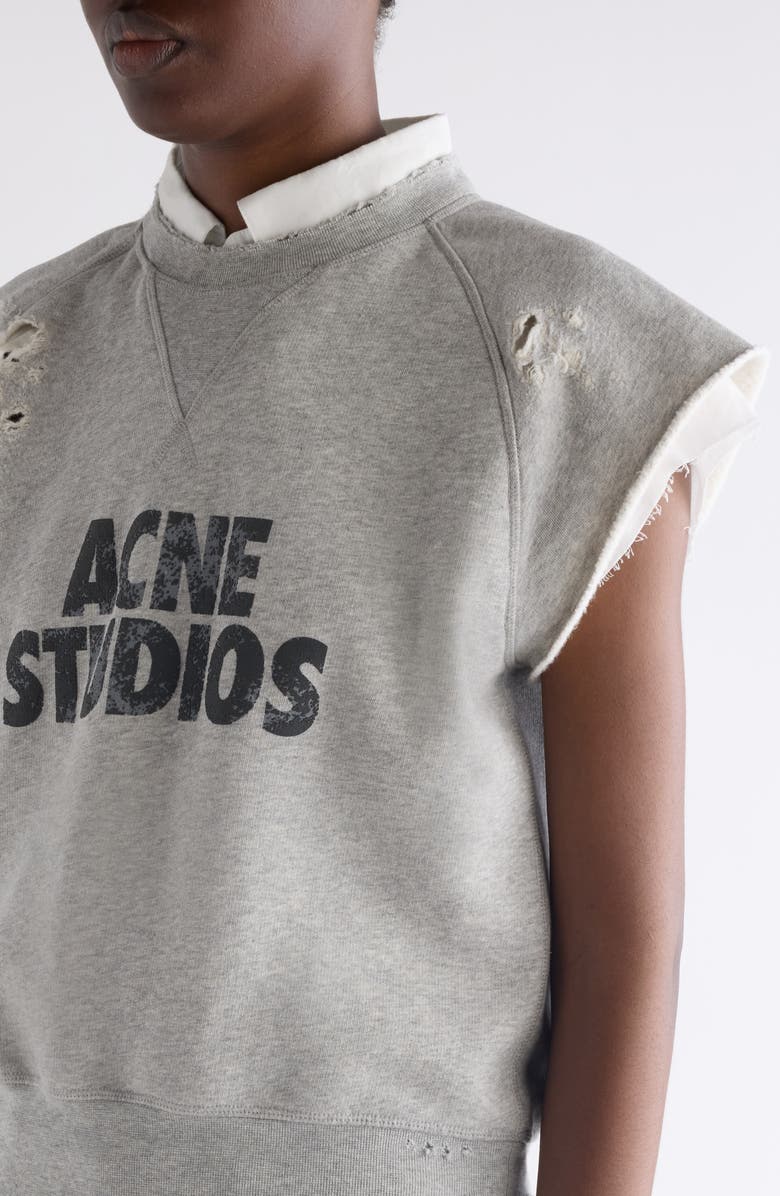 Acne Studios Mixed Media Distressed Cap Sleeve Logo Graphic Sweatshirt, Alternate, color, Grey Melange