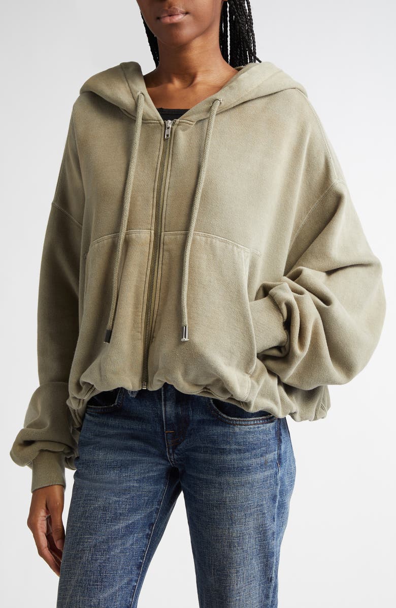 R13 Balloon Bubble Hem Cotton Fleece Zip Hoodie, Alternate, color, 