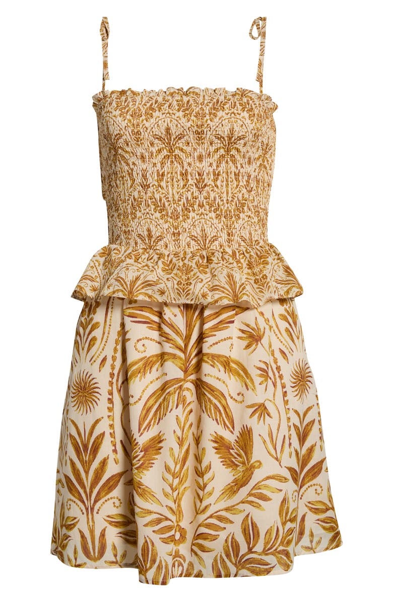 SUGARLIPS Calina Tropical Irvine Smocked Tie Strap Cotton Sundress, Main, color, Cream-Brown