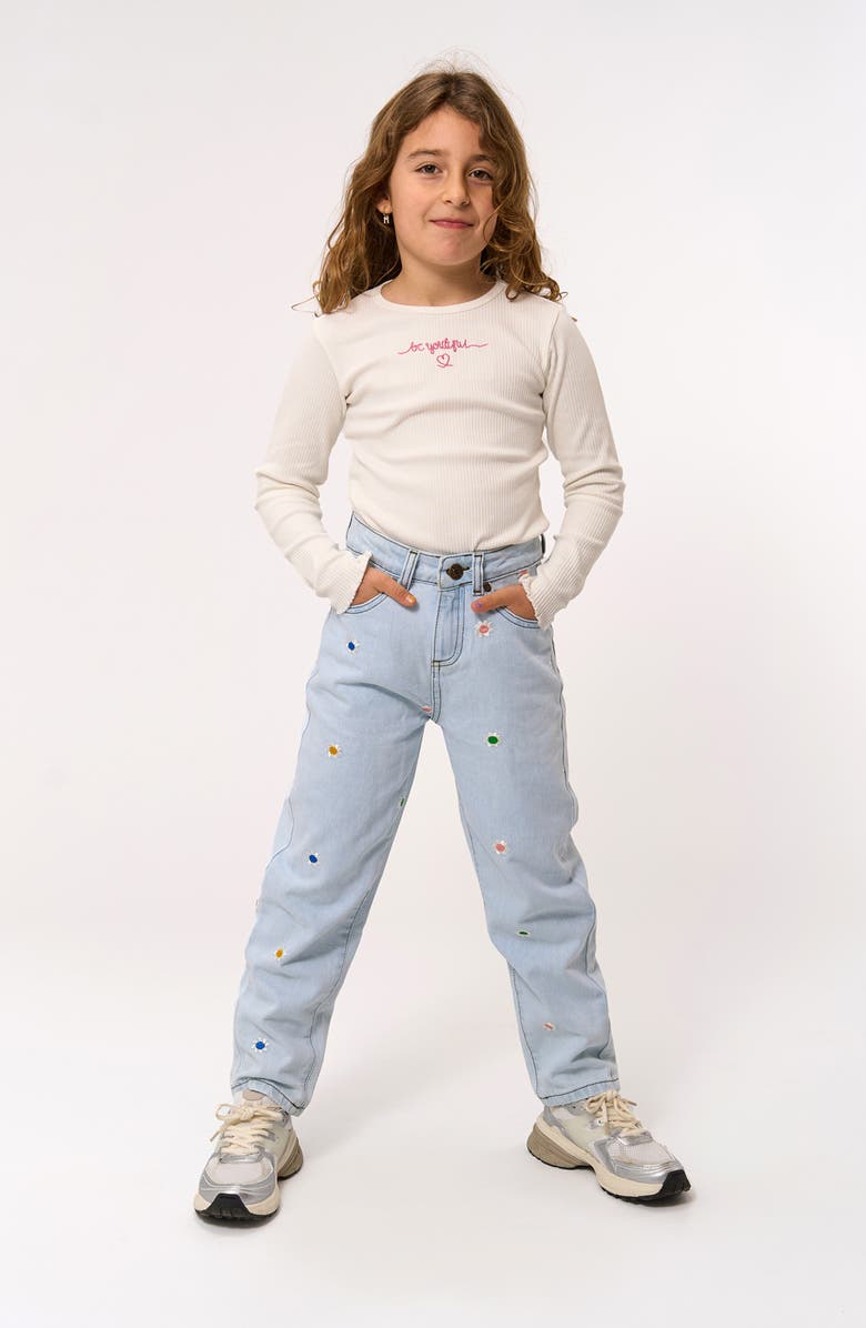 THE NEW Kids' Porscha Floral Embroidered Mom Jeans, Alternate, color, Light Blue Denim