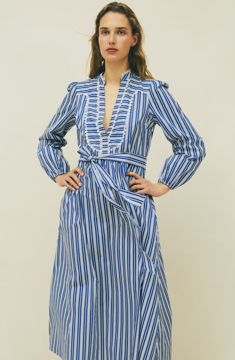 Boden Lace Trim Stripe Long Sleeve Cotton Dress, Alternate, color, Surf The Web Stripe