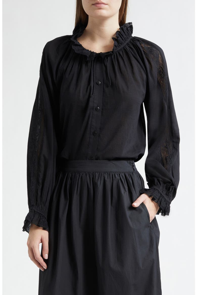 Annette Lace Detail Cotton Button-Up Shirt, Main, color, BLACK