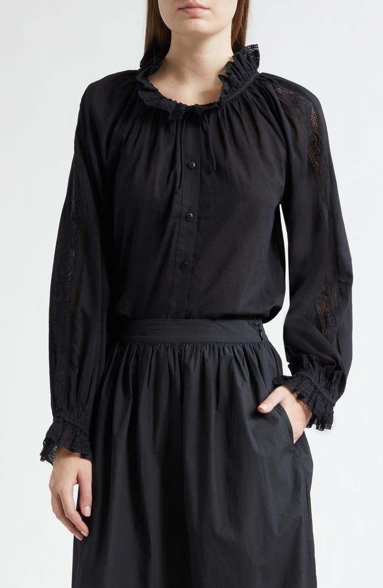 MILLE Annette Lace Detail Cotton Button-Up Shirt, Main, color, Black