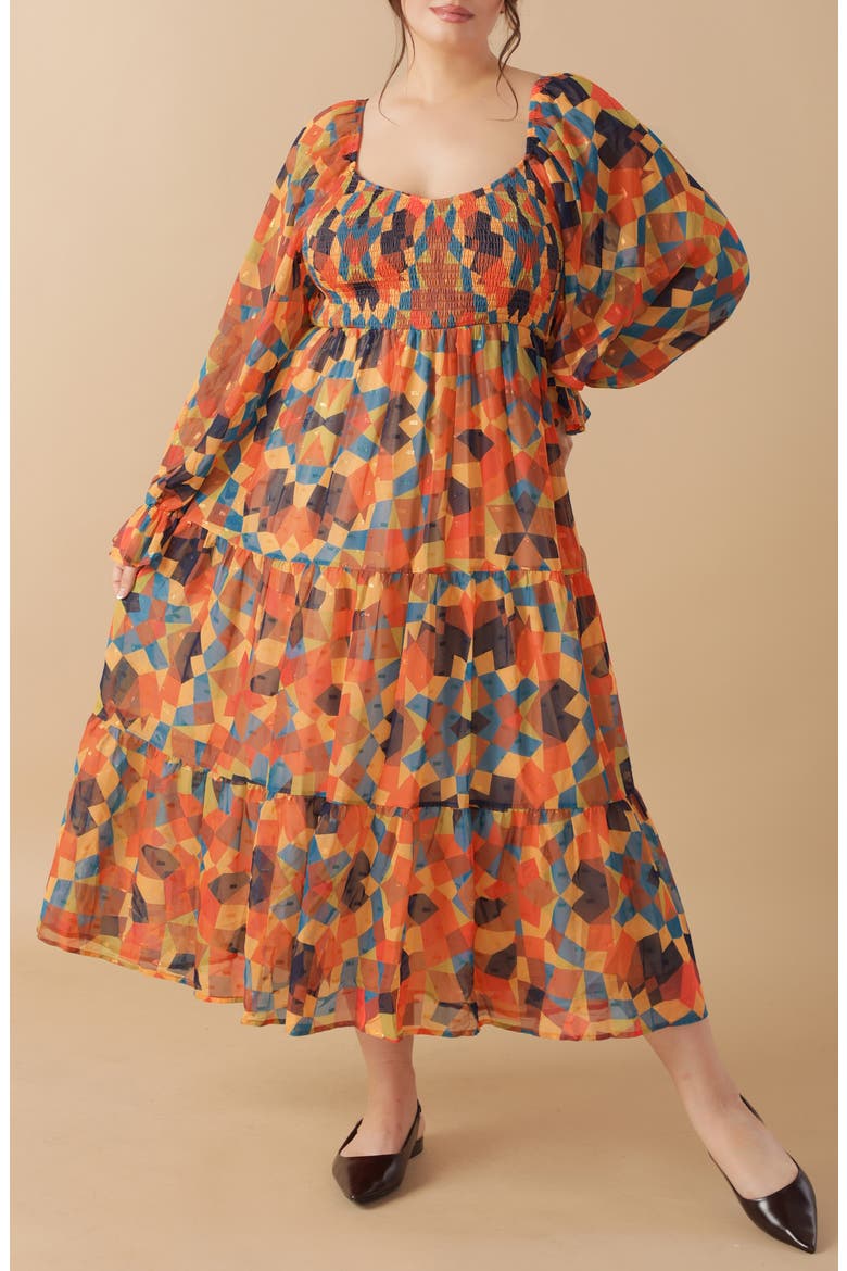 Long Sleeve Clip Dot Chiffon Midi Dress, Alternate, color, RUST NAVY