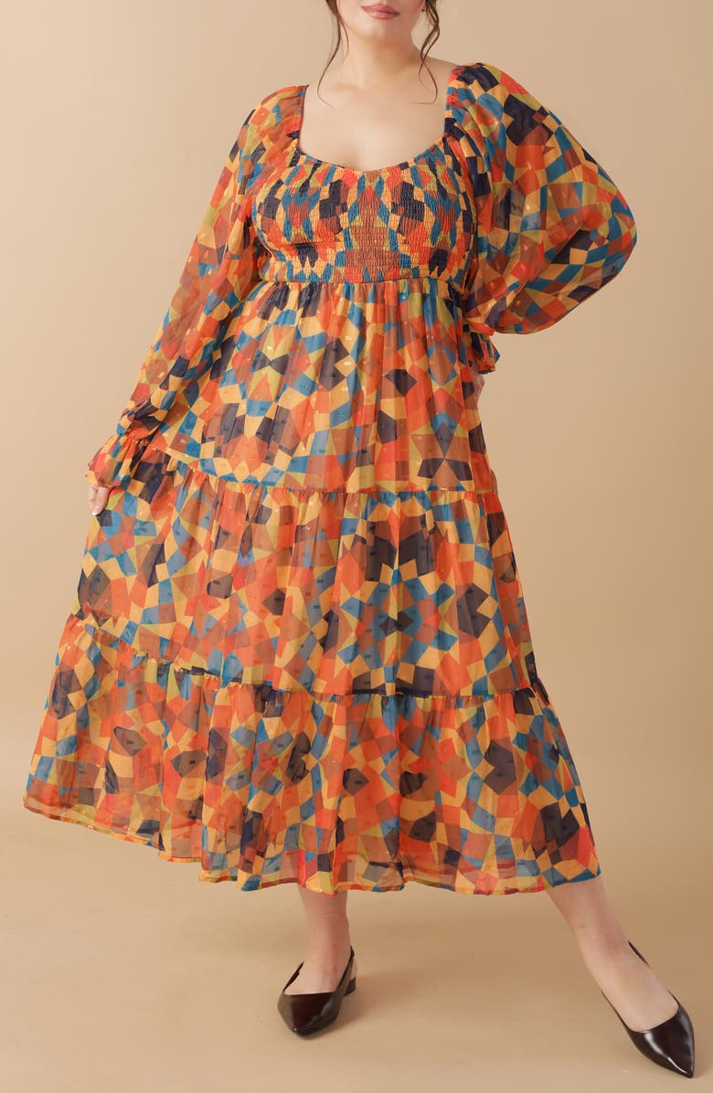 FLYING TOMATO Long Sleeve Clip Dot Chiffon Midi Dress, Alternate, color, Rust Navy