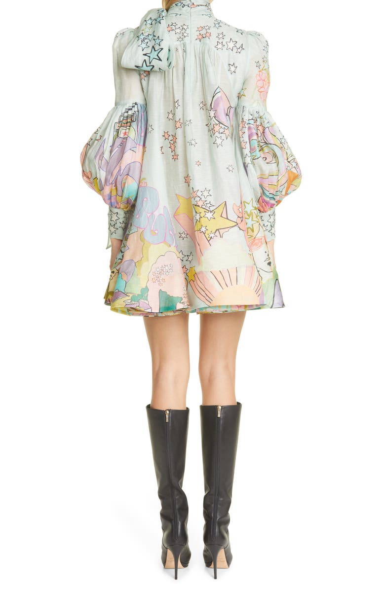 Zimmermann Concert Tie Neck Long Sleeve Linen & Silk Swing Minidress, Alternate, color, 