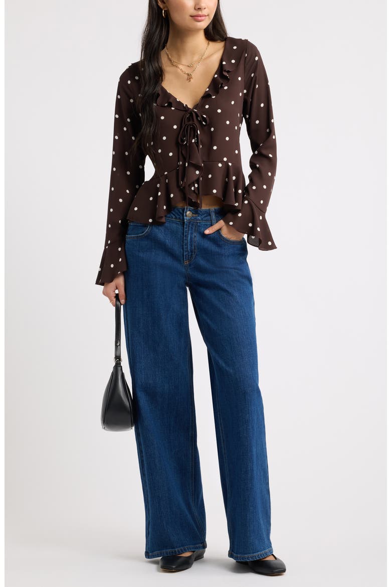 Ruffled Long Sleeve Top, Alternate, color, BROWN C- WHITE CASS DOT