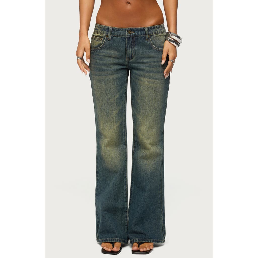 EDIKTED Shirili Low Rise Flare Jeans in Dirty-Wash-Dark-Blue at Nordstrom, Size Large