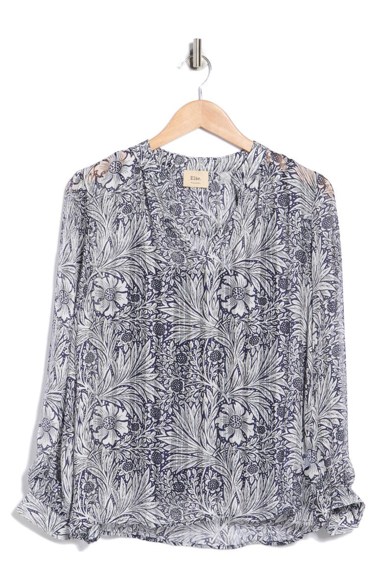 ELIE ELIE TAHARI Floral Long Sleeve Chiffon Top, Alternate, color, Navy/ White Shrubbery Print